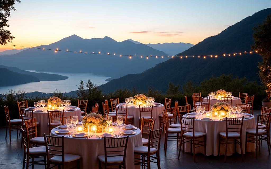 Recepción de boda en terraza con vista a la cordillera